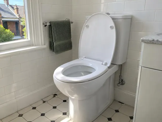 Clean white toilet in a tiled bathroom with window, wall towel rail and vanity in Paddington
