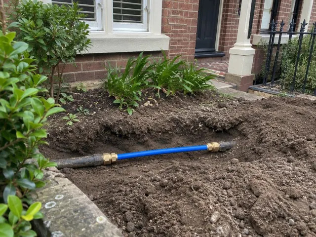 Exposed repaired water pipe in a dirt trench beside a brick house and garden in Woollahra