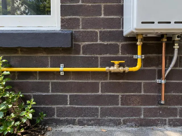 Yellow gas pipe and fittings on a brick exterior wall beside a wall-mounted unit in Woollahra