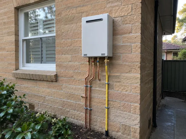 Wall-mounted hot water unit on a brick exterior wall beside a window with copper pipework in Bellevue Hill